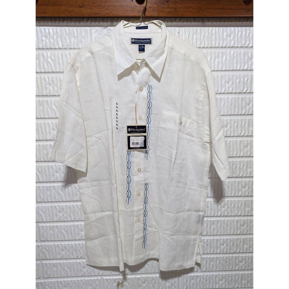 Weekender Men’s White Linen Button-Up Short Sleeve Shirt Size Large